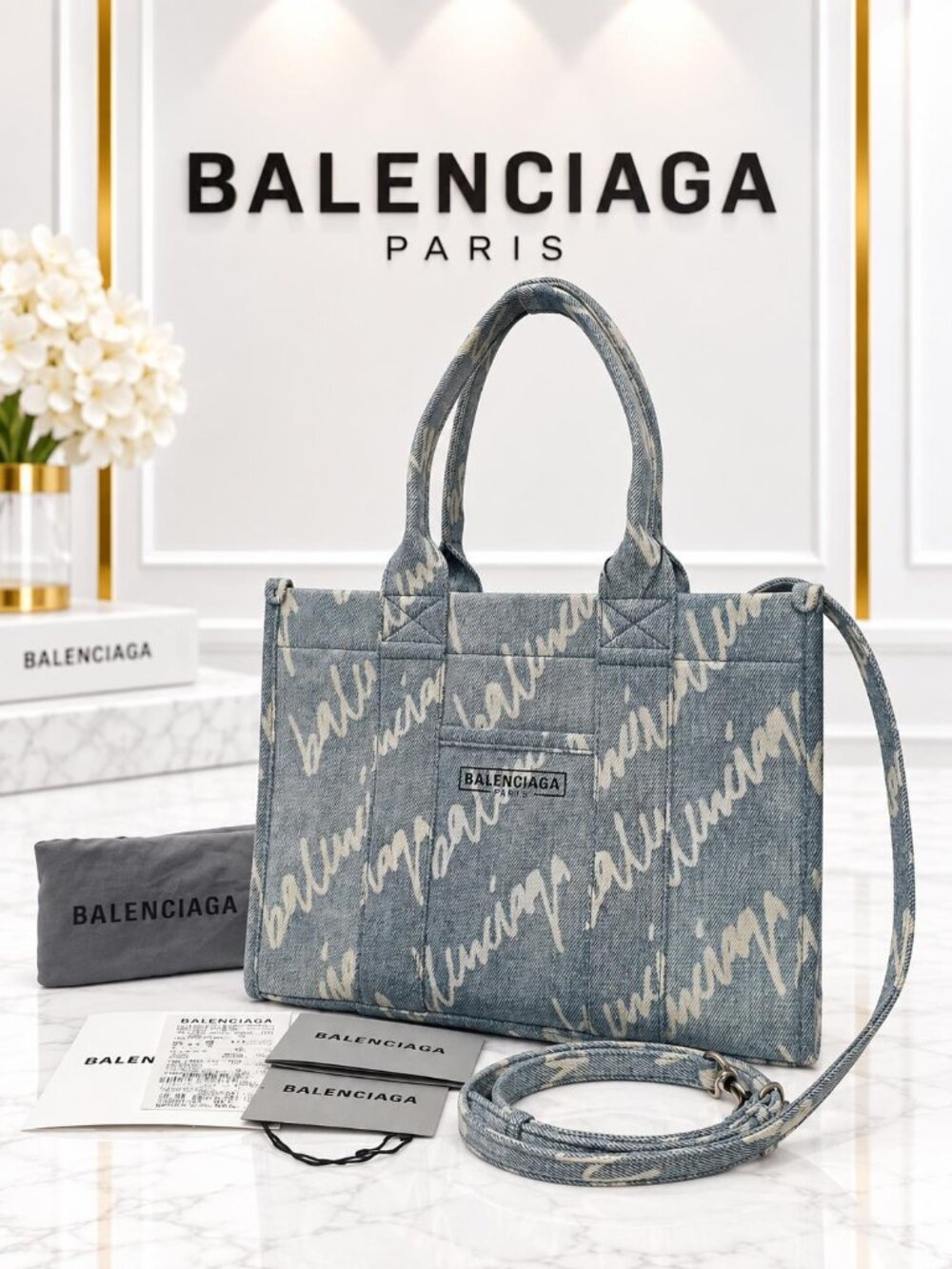 Authentic Balenciaga Blue Denim Signature Logo Everyday Tote Crossbody Bag